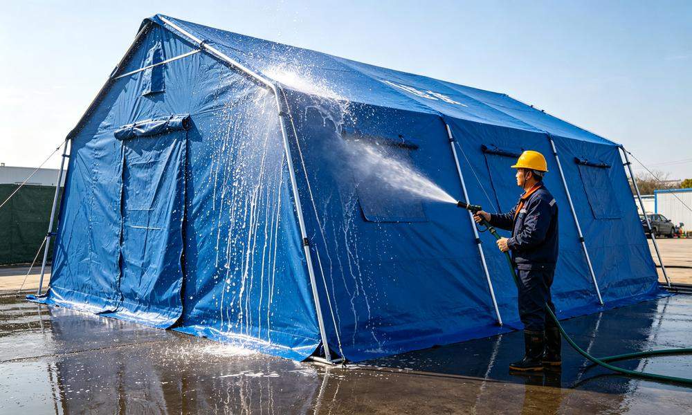 Outdoor waterproof testing of emergency frame tent with high-pressure water hose spraying water on fabric