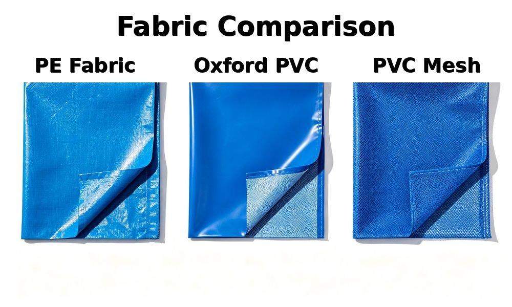 Three types of emergency tent fabric samples side by side: PE, Oxford PVC coated, and PVC laminated mesh