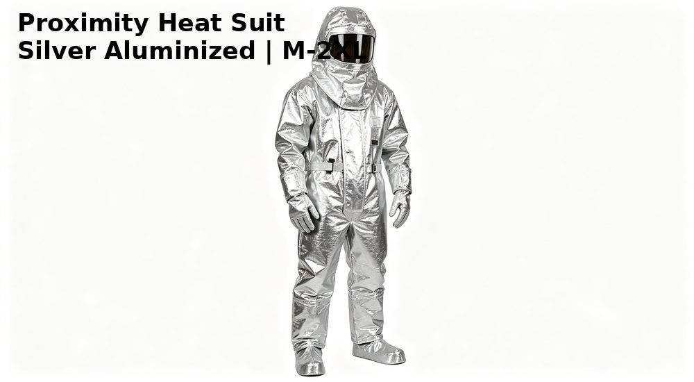 Silver aluminized proximity heat suit with hood and visor, radiant heat protective clothing