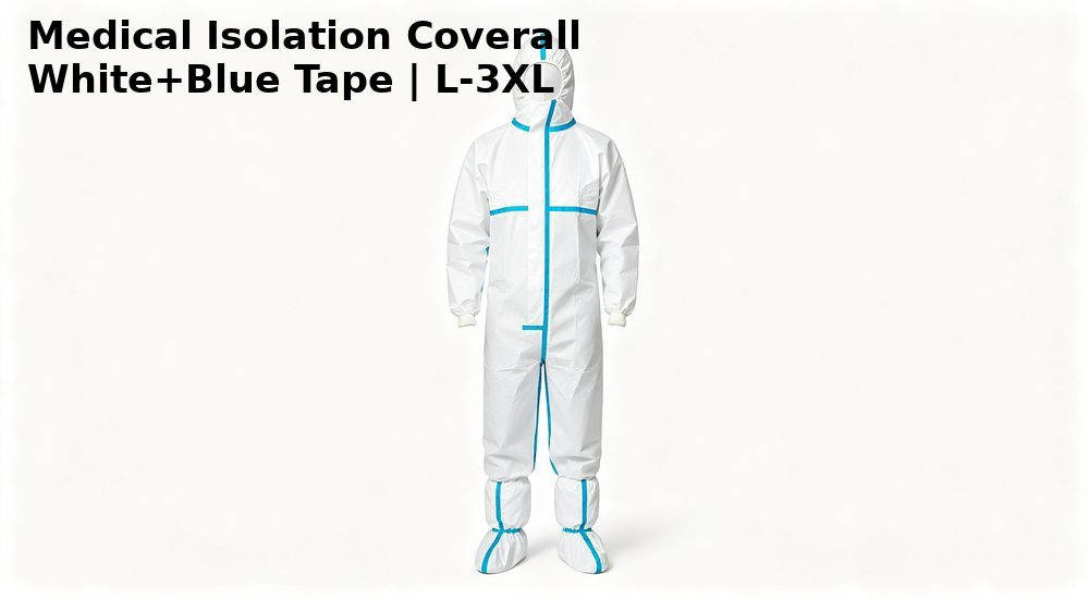 White medical isolation coverall with blue seam tape, disposable PPE for hospital use