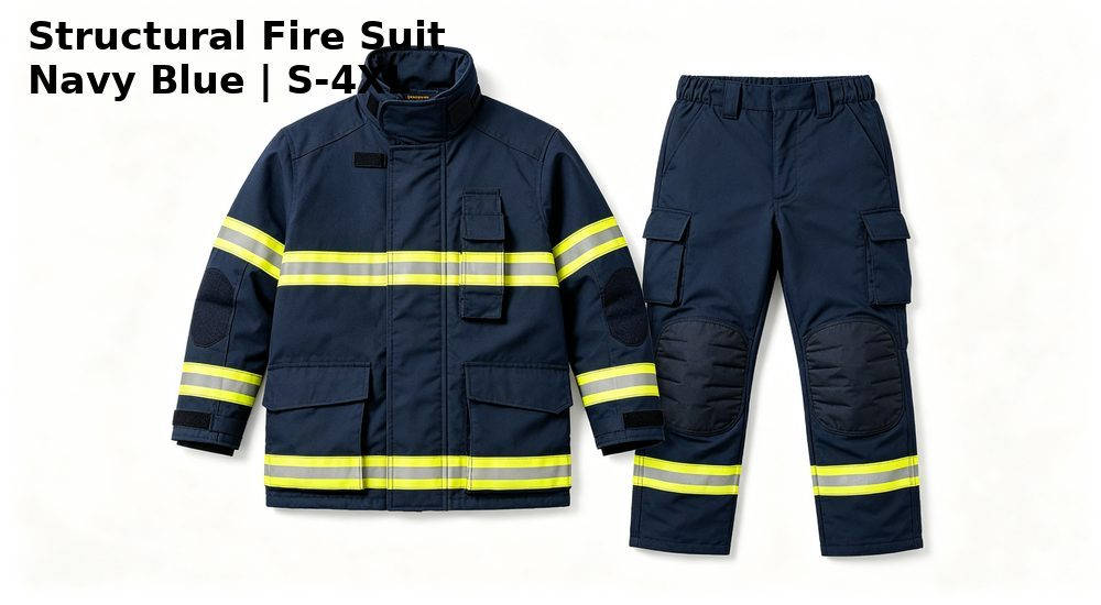 Navy blue structural firefighting turnout suit with reflective trim, wholesale body protective clothing product