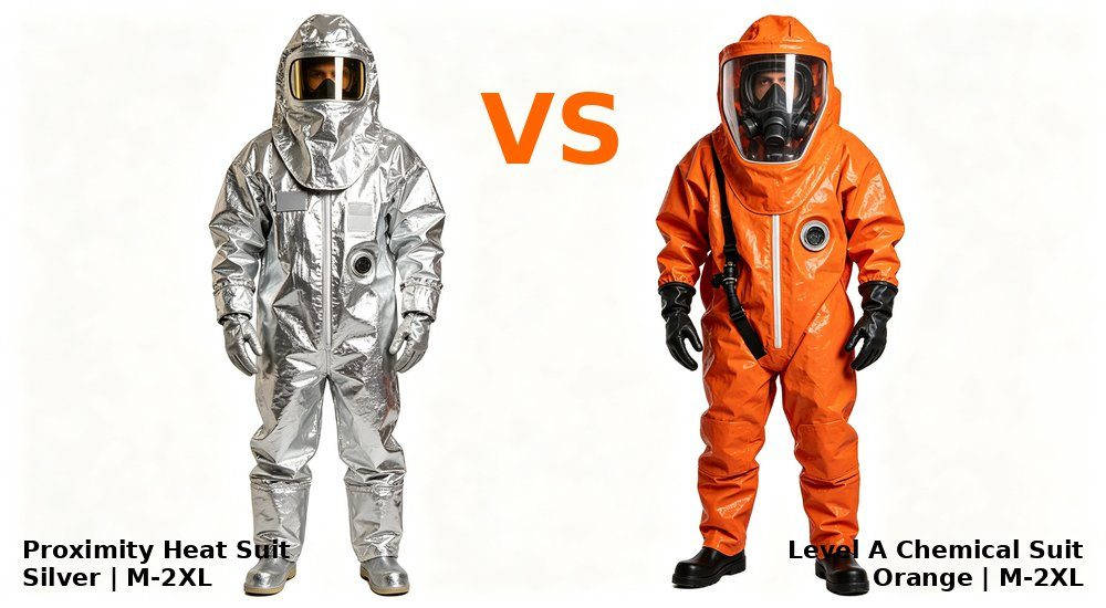 Proximity heat suit vs Level A chemical suit comparison, orange VS text, PPE comparison