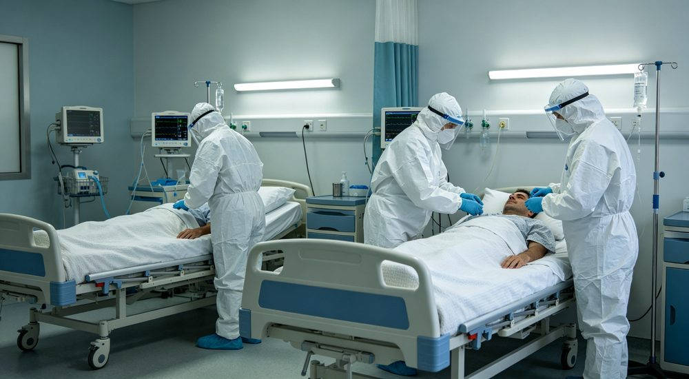 Medical workers in white isolation coveralls working in hospital triage area, clinical PPE use