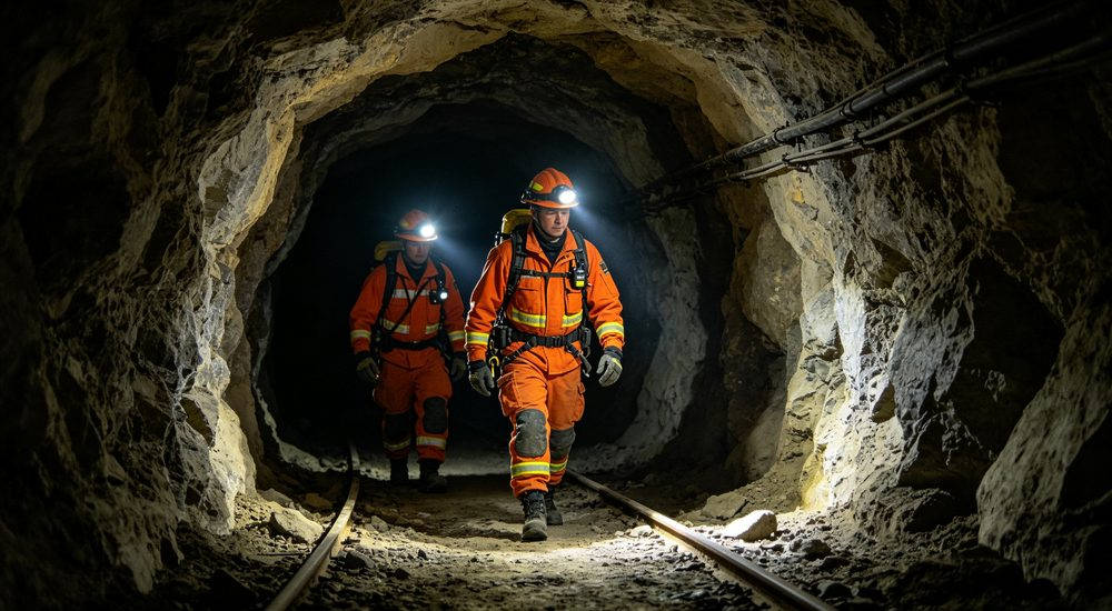 Mining rescue team in orange wildland fire suits entering mine tunnel with headlamps, underground rescue gear