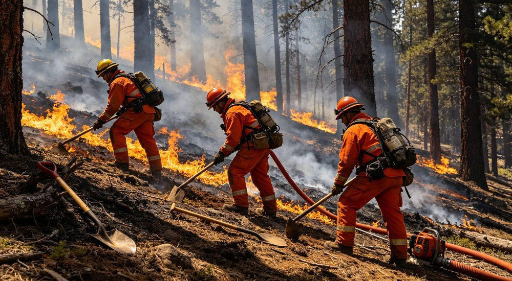 Wildland firefighters in orange fire-resistant clothing on forest fire line, flame resistant gear