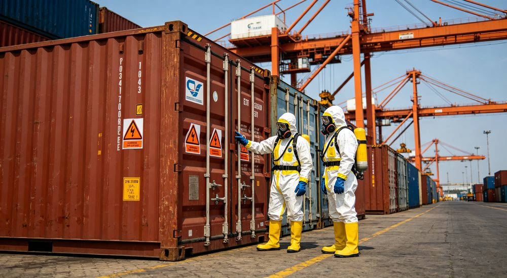 Port hazardous materials handling workers in chemical protective suits inspecting shipping containers, logistics PPE
