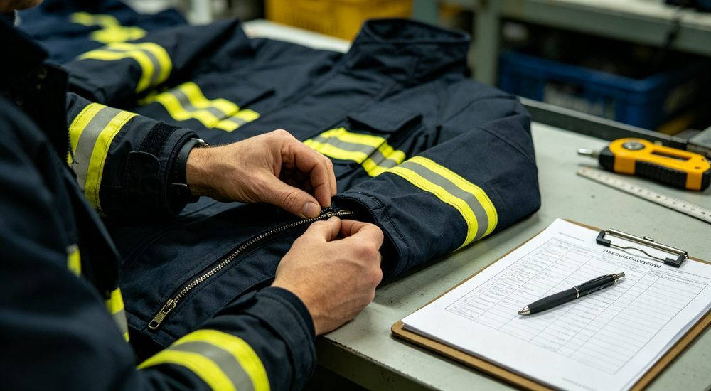 Quality inspection of protective clothing seams and zippers in production area, garment quality control
