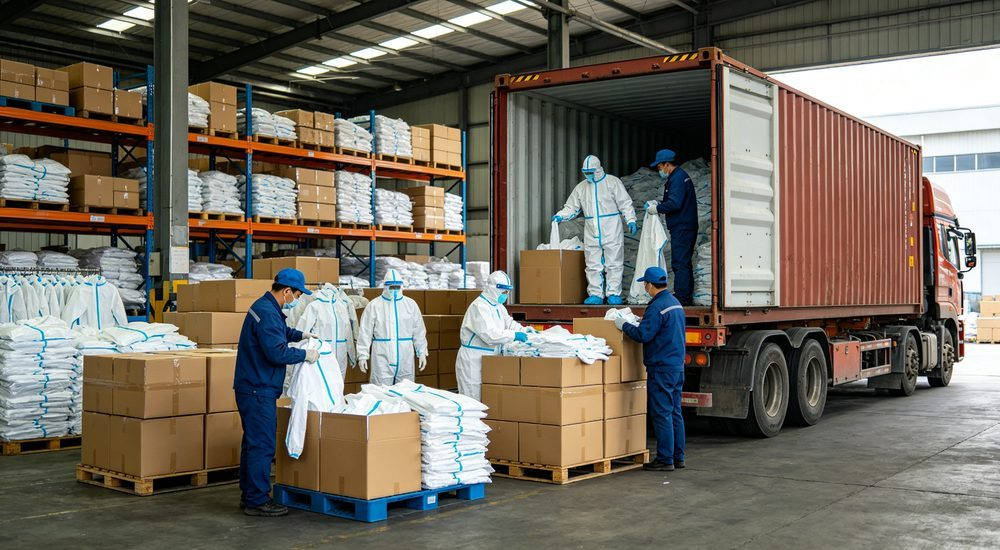 Packing and container loading of protective clothing in warehouse, workers packing suits into cartons