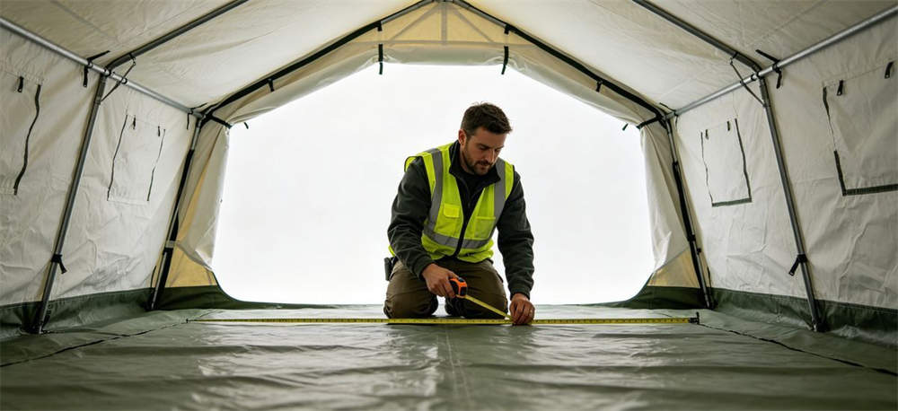 Worker inspecting relief tent sample measuring interior with tape