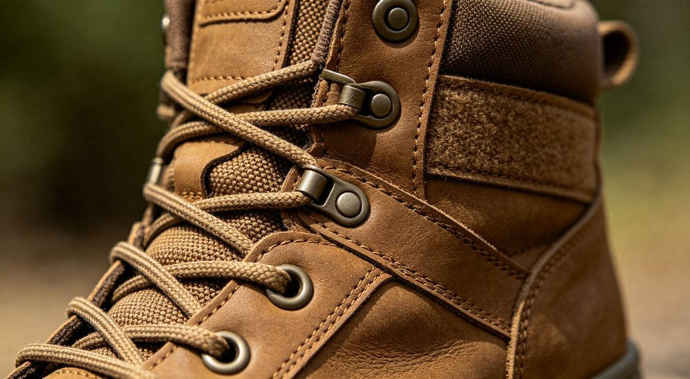 Tactical boot lacing system ankle detail showing visible product details for bulk protective equipment evaluation Tactical boot lacing system ankle detail showing visible product details for bulk protective equipment evaluation