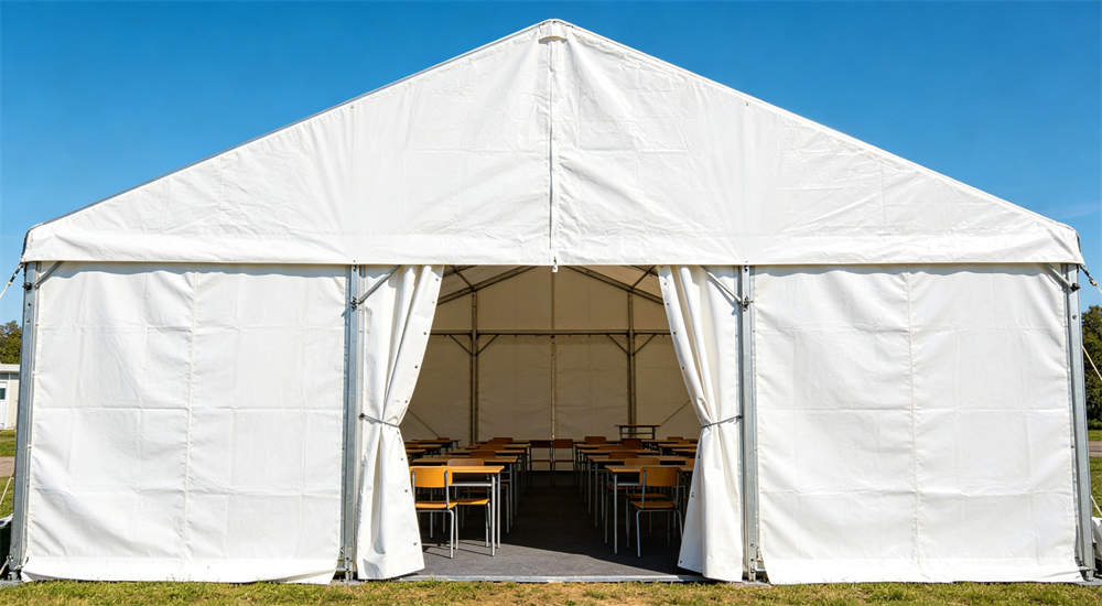 frame tent used as temporary school classroom with desks inside
