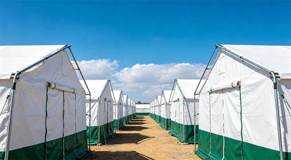 refugee camp emergency shelter row of white green frame tents