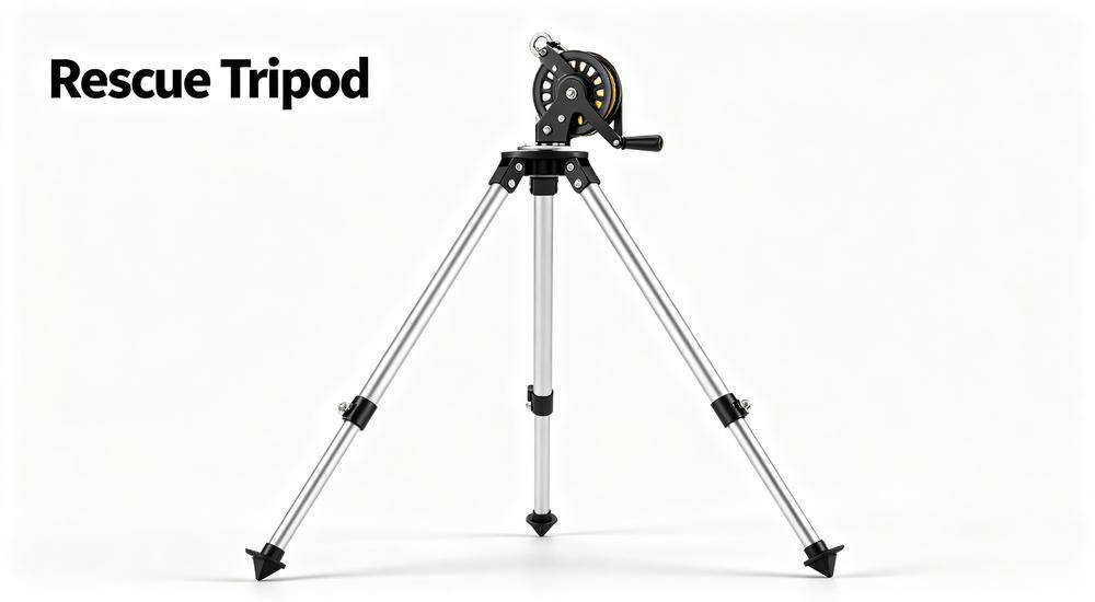 Aluminum rescue tripod for confined space entry and vertical lifting on white background