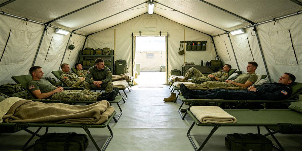 Military tent interior with soldiers resting on cots with wool blankets and sleeping bags Military tent interior with soldiers resting on cots with wool blankets and sleeping bags