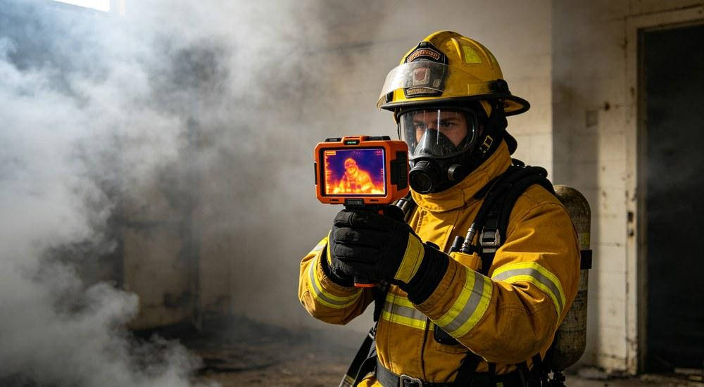 Firefighter using thermal imaging camera inside smoke-filled building during rescue operation