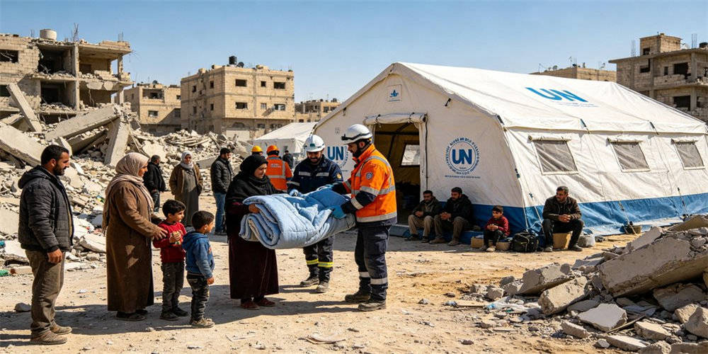 Middle East disaster relief with rescue workers distributing emergency blankets and sleeping bags