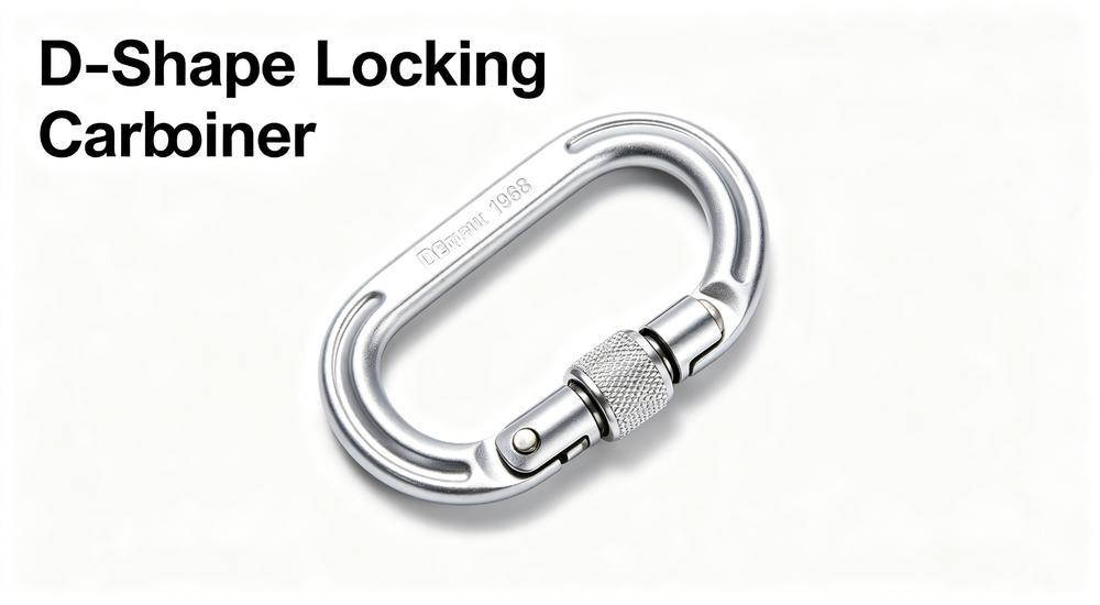 Silver aluminum D-shape locking carabiner for rope rescue and climbing on white background Silver aluminum D-shape locking carabiner for rope rescue and climbing on white background
