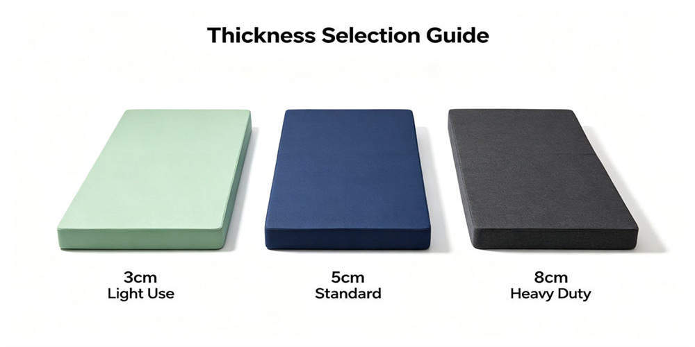 Three folding foam mattress thickness options displayed side by side for application-based selection.