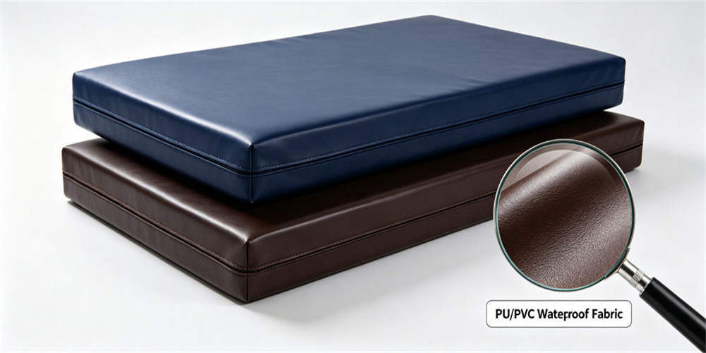 Water-resistant mattress covers shown on finished foam pads with a magnified view of the smooth surface. Water-resistant mattress covers shown on finished foam pads with a magnified view of the smooth surface.