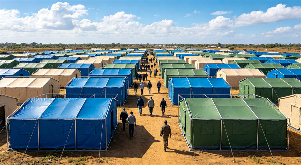 Eye-level wide sunset view of large outdoor relief frame tent refugee camp with blue green beige tents and people walking on dirt paths under cloudy sky