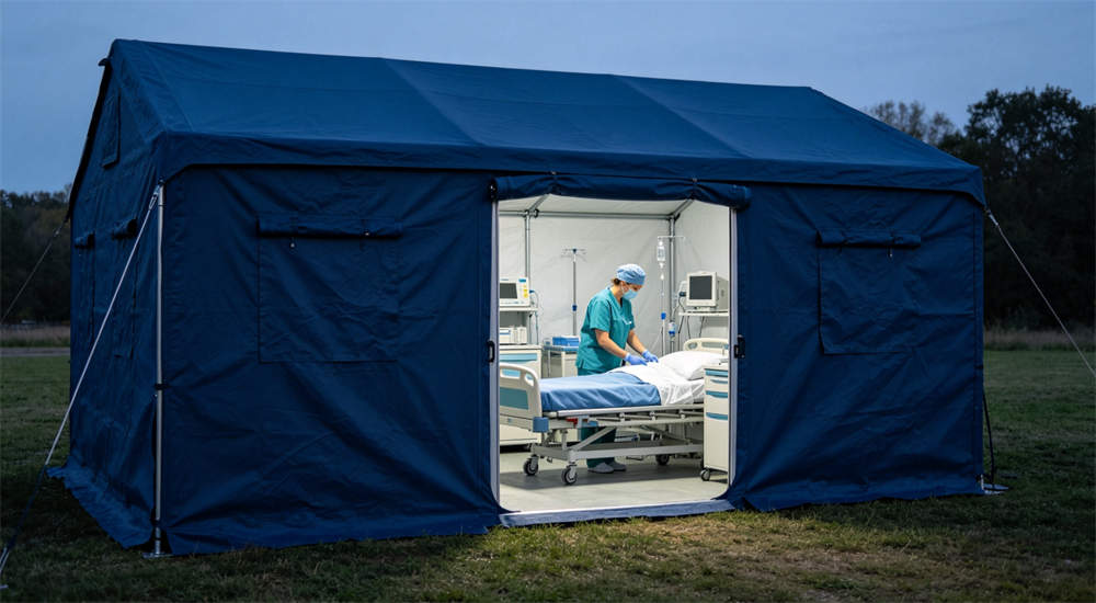 Dark blue outdoor relief frame tent used as medical triage station with professional medical setup and patient assessment area inside emergency shelter