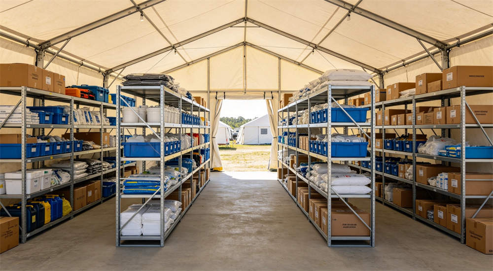 Interior eye-level view of white outdoor relief frame tent storage unit with metal shelves holding supplies and Materials organized inside emergency shelter