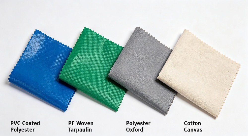 Flat lay product display comparing four tent tarpaulin material samples in blue green grey and beige colors, each swatch labeled with material specifications including denier weight and coating type for relief shelter selection