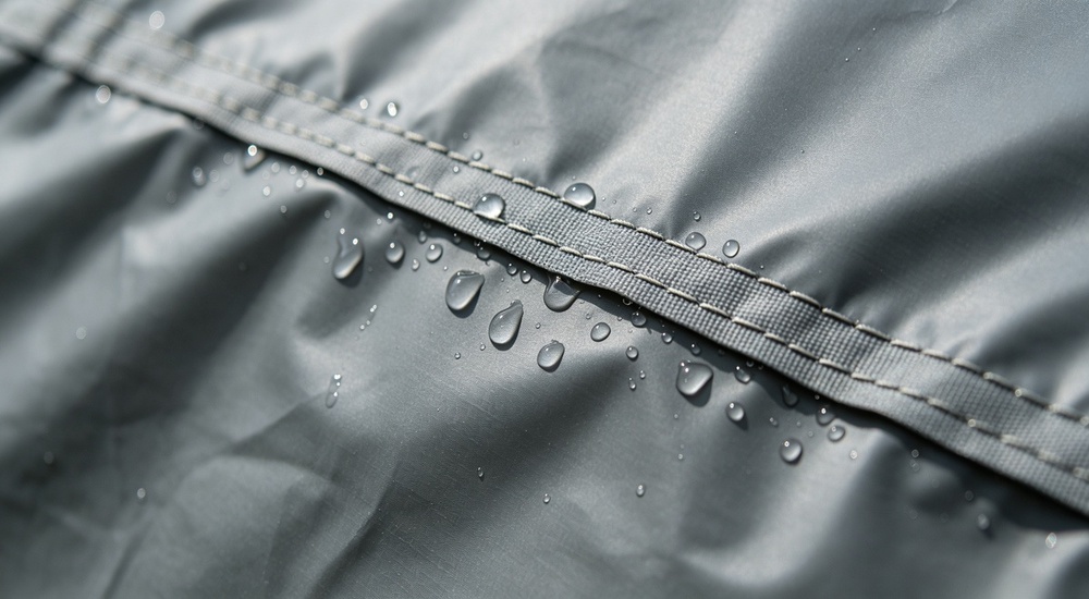 Close-up technical detail of heat-sealed waterproof welded seam on blue relief tent tarpaulin material, welded joint construction showing waterproof seal between two PVC coated fabric panels without needle holes