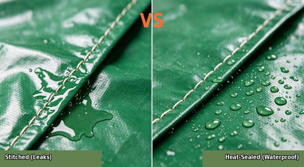 Technical comparison photograph showing stitched seam versus heat-sealed welded seam on blue tent tarpaulin material, waterproof performance difference visible between needle-pierced stitching and seamless welded joint construction
