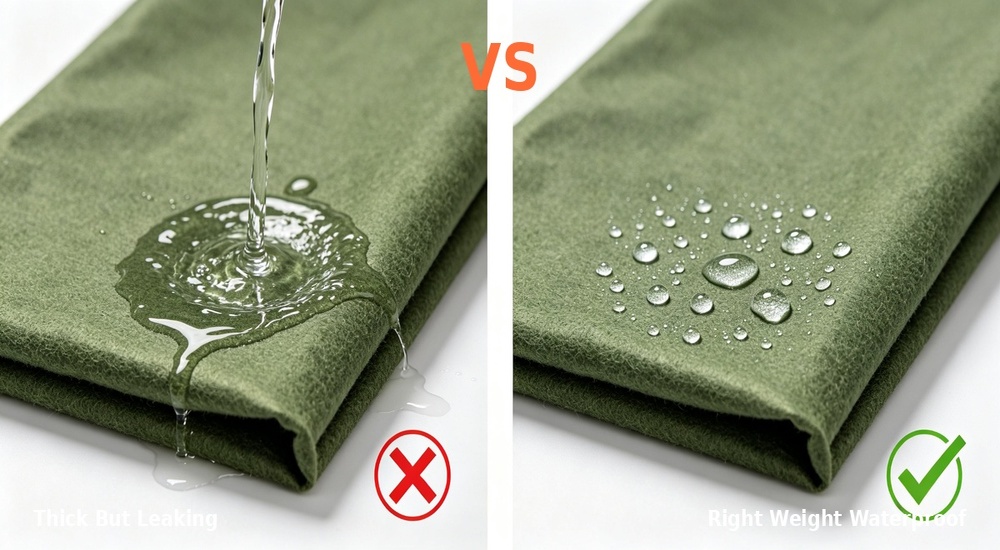 Error comparison photograph showing overly thick heavy tent tarpaulin leaking at seams versus correct weight material, common mistake demonstration showing proper fabric weight selection for emergency shelter waterproof performance