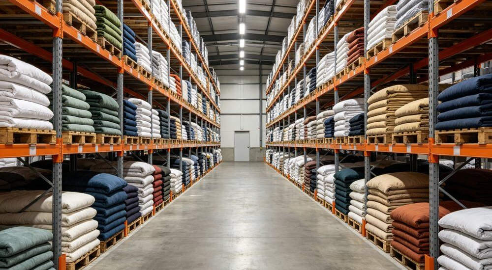 Textile warehouse shelves with bulk bedding inventory in multiple colors