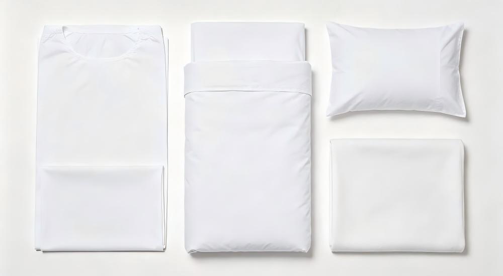 Five wholesale institutional bedding sets comparison flat lay view
