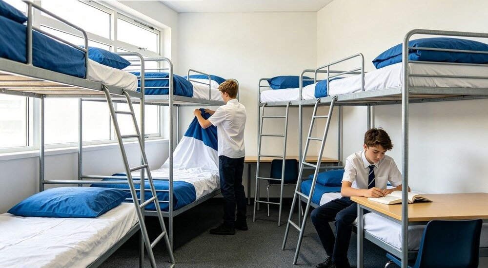 School dormitory room with gingham pattern bedding on bunk beds