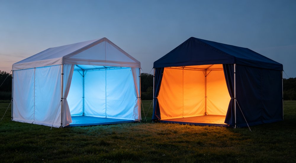 Night-time thermal comparison showing white versus navy blue relief tent fabric heat absorption performance, temperature difference and thermal radiation effect visible on tent surfaces after sunset demonstrating color impact in hot climates