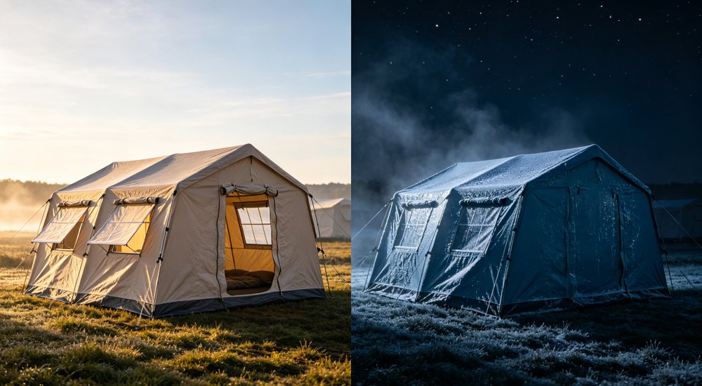 Split-view day and night comparison showing humidity and condensation difference in beige and blue relief tents, temperature and moisture variation visible demonstrating climate performance between day and night in tropical emergency shelters