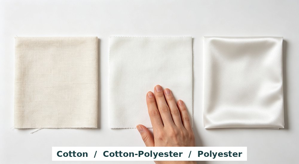 Flat lay top-down view of three fabric swatch samples cotton cotton-polyester and smooth polyester microfiber with hand touching middle sample on white background