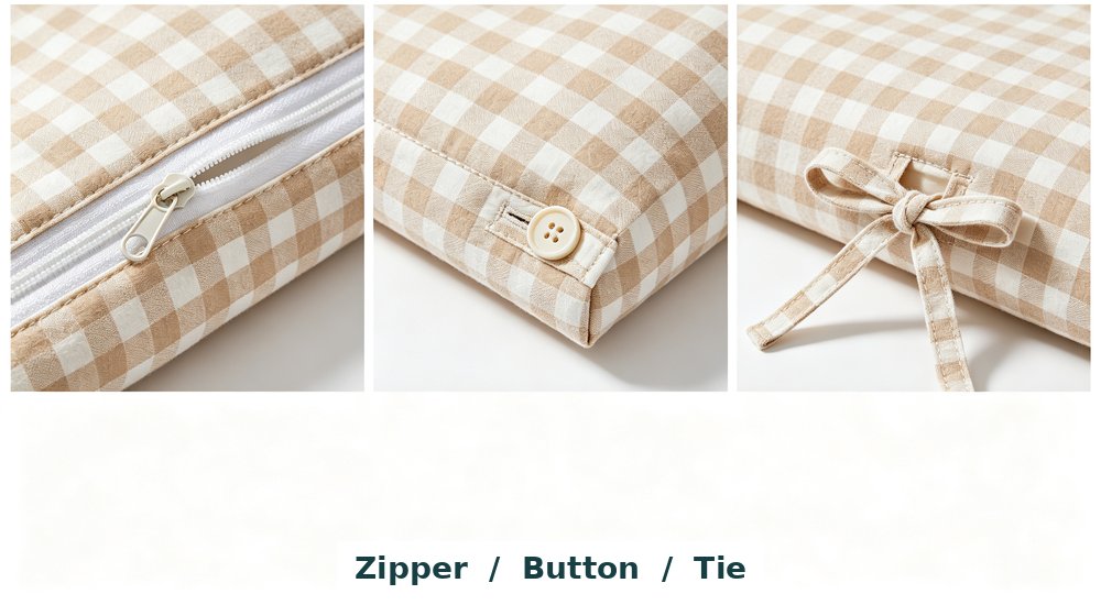 Close-up detail view of pillowcase openings envelope style versus zipper closure in navy blue fabric showing clear difference on clean white background