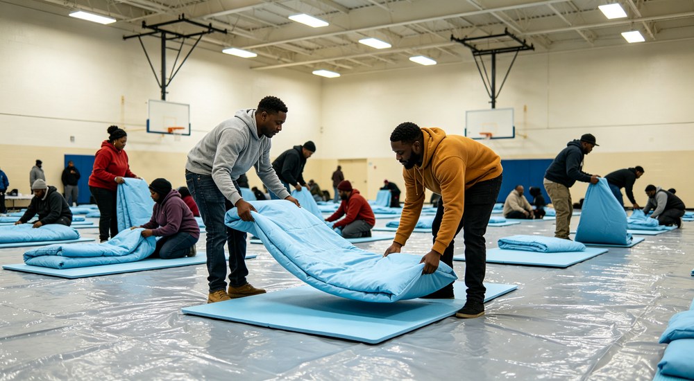 Eye-level action photograph of evacuation shelter gym floor with volunteers arranging sky blue bedding on thin foam mats showing emergency deployment setup Eye-level action photograph of evacuation shelter gym floor with volunteers arranging sky blue bedding on thin foam mats showing emergency deployment setup