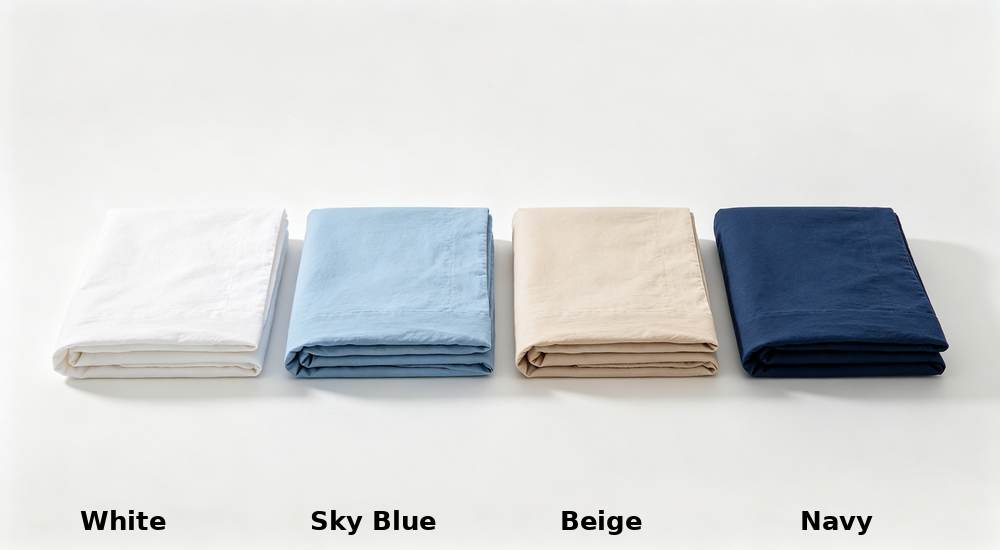 Flat lay product shot of four folded temporary accommodation bedding colors white sky blue beige and navy arranged in row on clean white background showing color options Flat lay product shot of four folded temporary accommodation bedding colors white sky blue beige and navy arranged in row on clean white background showing color options