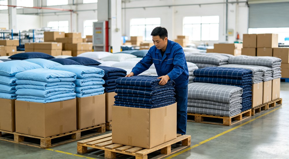 Wide-angle warehouse photograph of Chinese worker packing folded sky blue navy and grey checkered bedding sets onto wooden pallets with cardboard boxes showing export preparation Wide-angle warehouse photograph of Chinese worker packing folded sky blue navy and grey checkered bedding sets onto wooden pallets with cardboard boxes showing export preparation