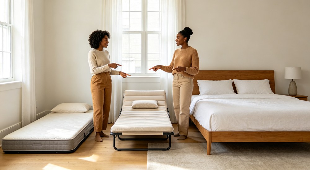 On-site discussion photograph of two women discussing three bed types thin mattress folding cot and fixed bed with temporary accommodation bedding showing format selection process