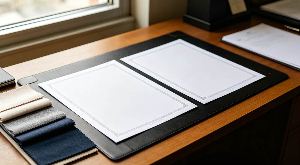 Documentation shot of blank certification documents with fabric swatch samples in navy grey and beige colors showing quality assurance documentation for bedding products