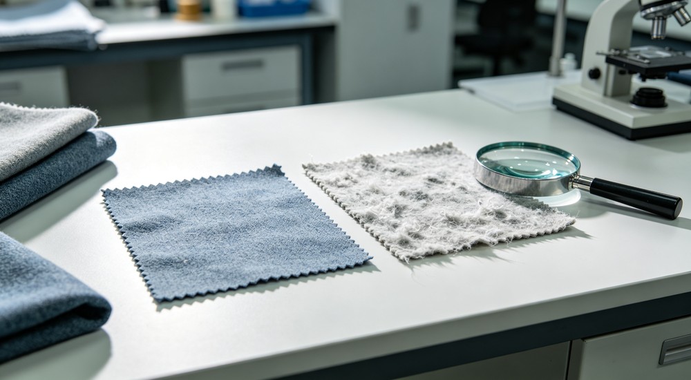 Studio fabric durability comparison showing new versus worn bedding material after repeated commercial washes for shelter material lifespan and replacement planning
