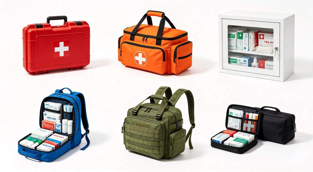 Top-down flat lay of medical consumables including gauze bandages adhesive tape antiseptic wipes and disposable gloves for medical kit restocking and bulk supply orders