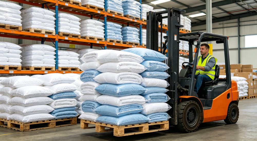 Wide-angle view of bulk institutional bedding delivery in warehouse with forklift loading pallets of blue and white bedding sets ready for emergency shelter shipment