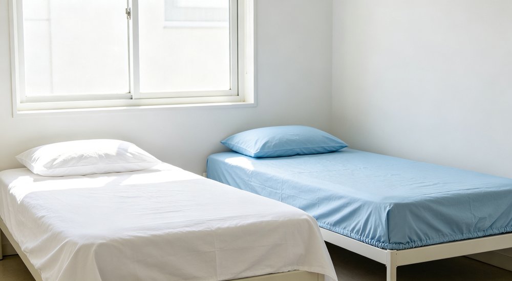 Split-screen comparison of flat sheet versus fitted sheet displayed on two separate beds showing clear difference between loose flat design and elastic corner fitted sheet