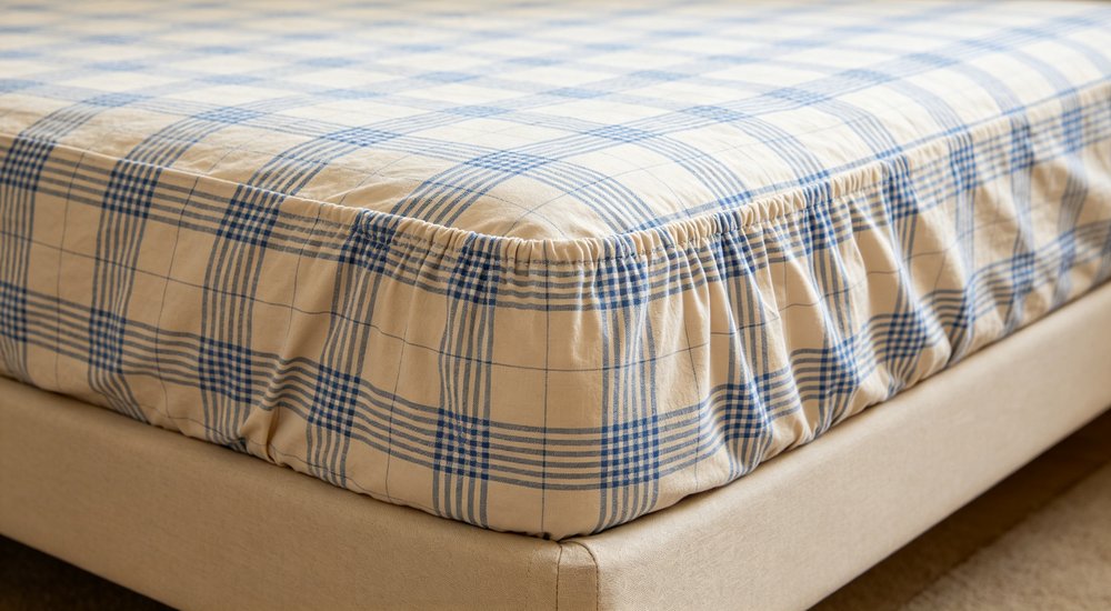 Detailed macro shot of fitted sheet elastic corner pocket showing deep pocket design that securely wraps around mattress corners preventing slippage during institutional bedding use