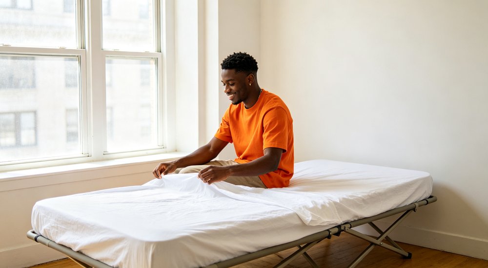 Side-angle view of folding cot with white flat sheet in emergency shelter demonstrating basic bedding setup for temporary disaster relief accommodation requiring quick deployment