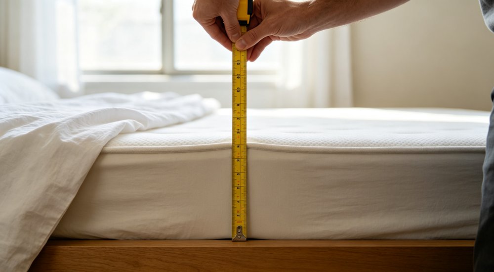 Close-up measurement of mattress thickness vertically with yellow tape measure to determine correct fitted sheet pocket depth for institutional bedding procurement specifications