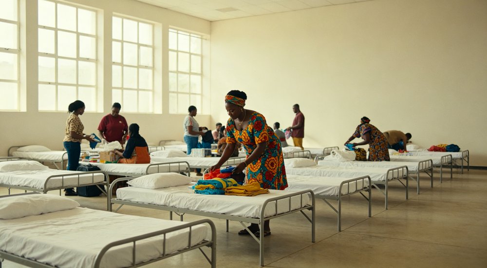 Eye-level perspective of temporary accommodation common area with white bedding and basic furniture showing shared living space for emergency shelter residents during extended recovery